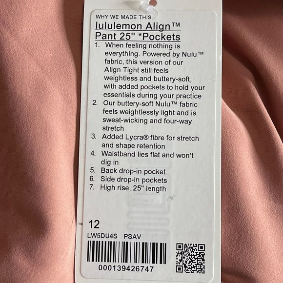 Lululemon NWT Align High Rise Pant With Side Pockets 25'' Pink Savannah Size 12 - Picture 9 of 11